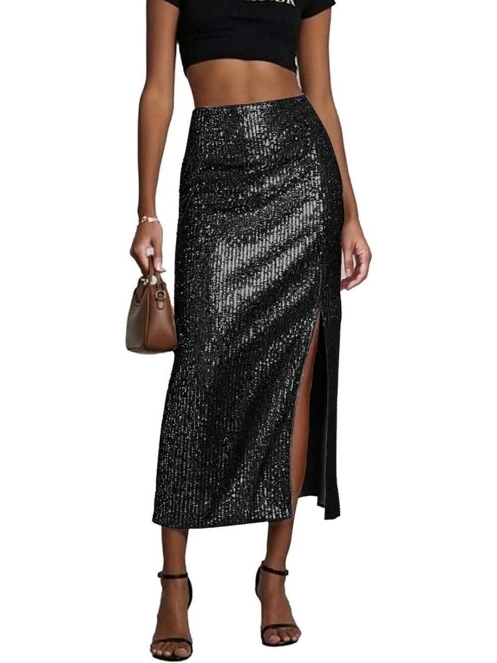 Sparkly High Waisted Sequin Midi Skirt with Slit | Bodycon Pencil Skirt for